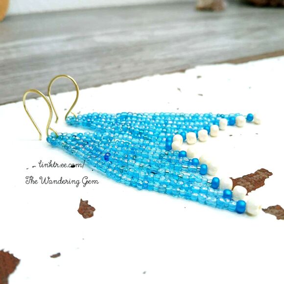 Blue & White Beaded Fringe Cascade Shoulder Duster Dangle Earrings, 3.5" - Picture 3 of 7